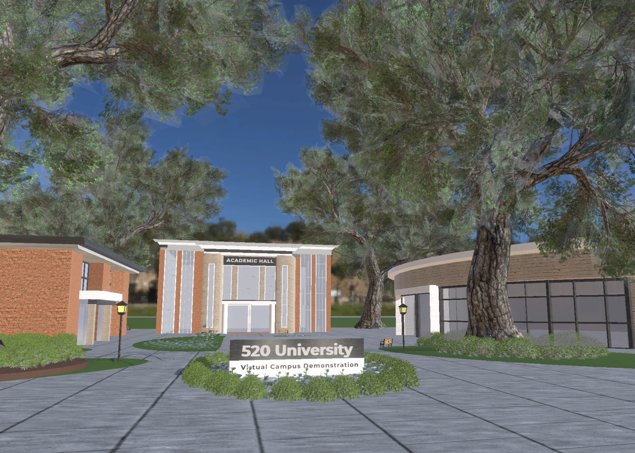 Digital campus replica with three buildings and landscaping