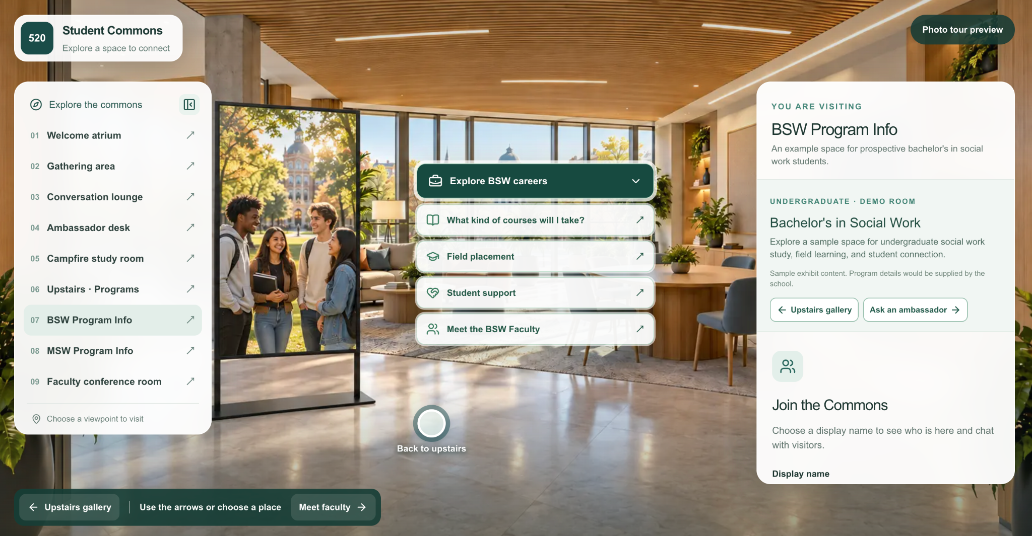 BSW program room with an interactive menu for careers, courses, field placement, and faculty