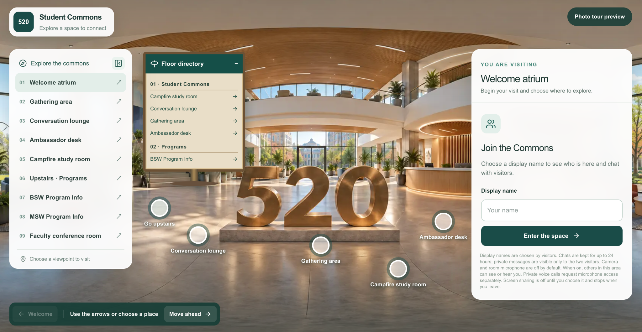 The 520 Student Commons lobby, with its floor directory, room navigation, and central 520 sculpture