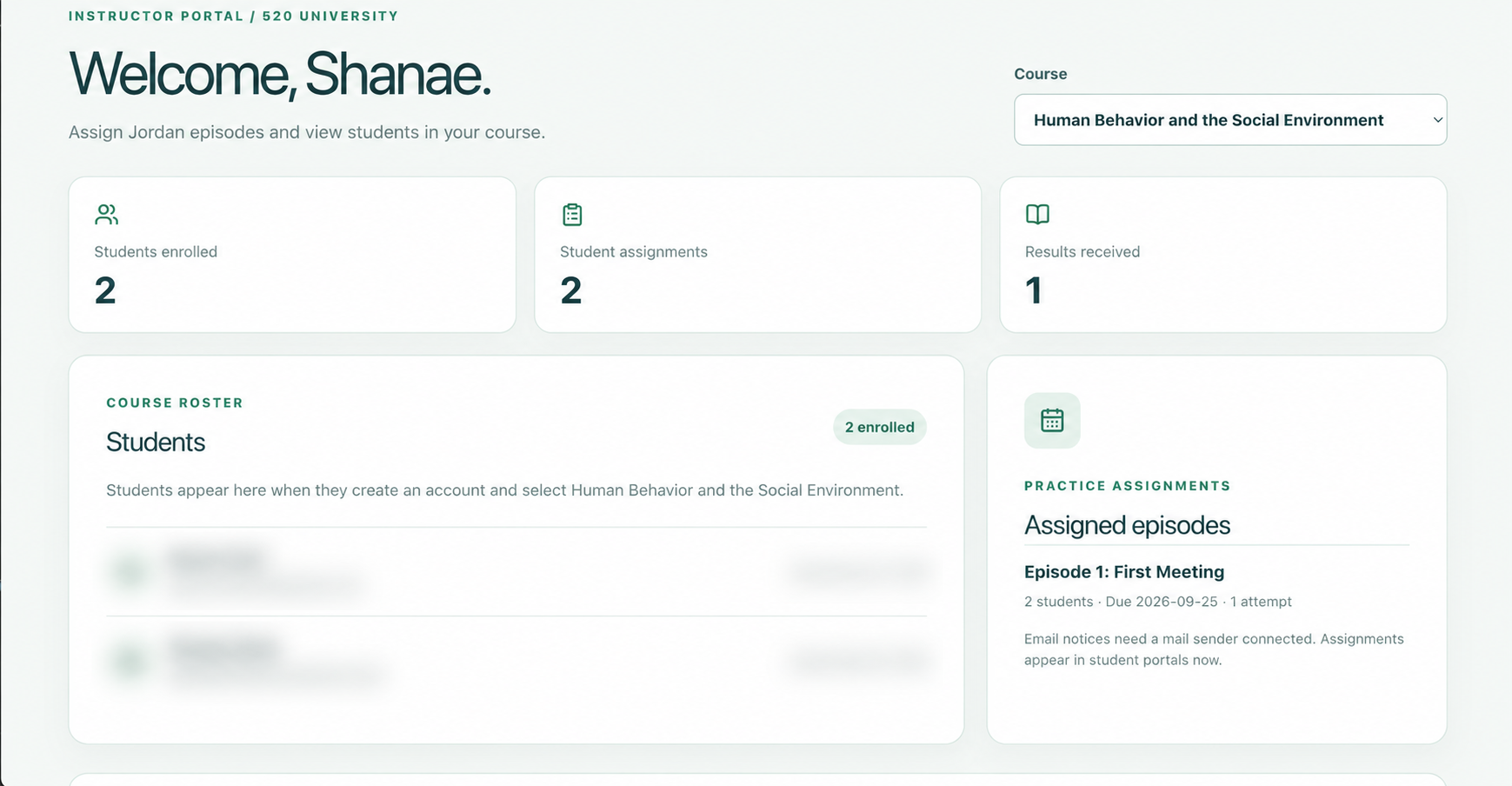 Instructor dashboard showing course enrollment, practice assignments, and results; student names and emails are obscured