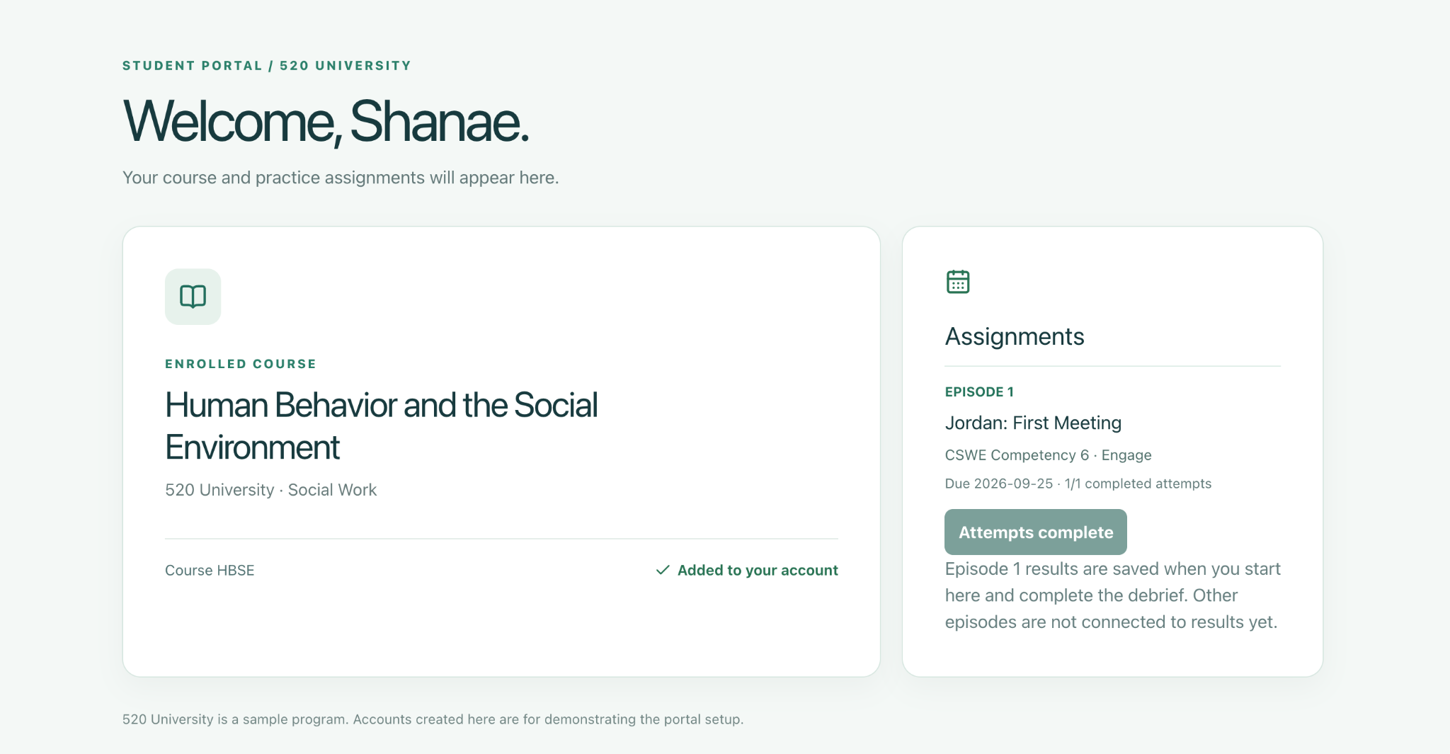 Student portal showing a course with a practice simulation assignment