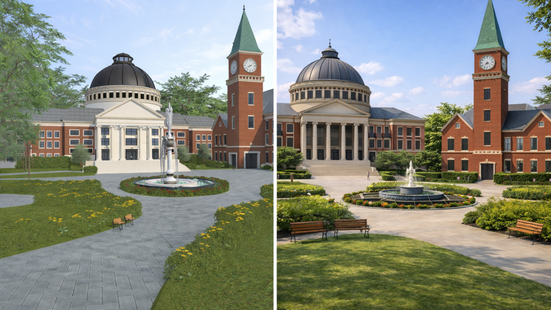 Virtual environment (left) compared with real-world architectural reference (right)